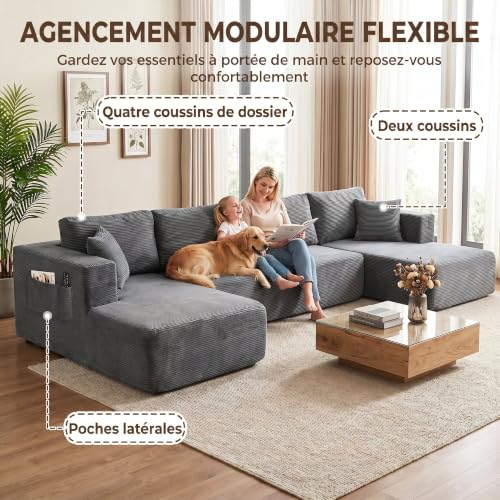Canapé U modulable 4 places velours gris HOMCOM