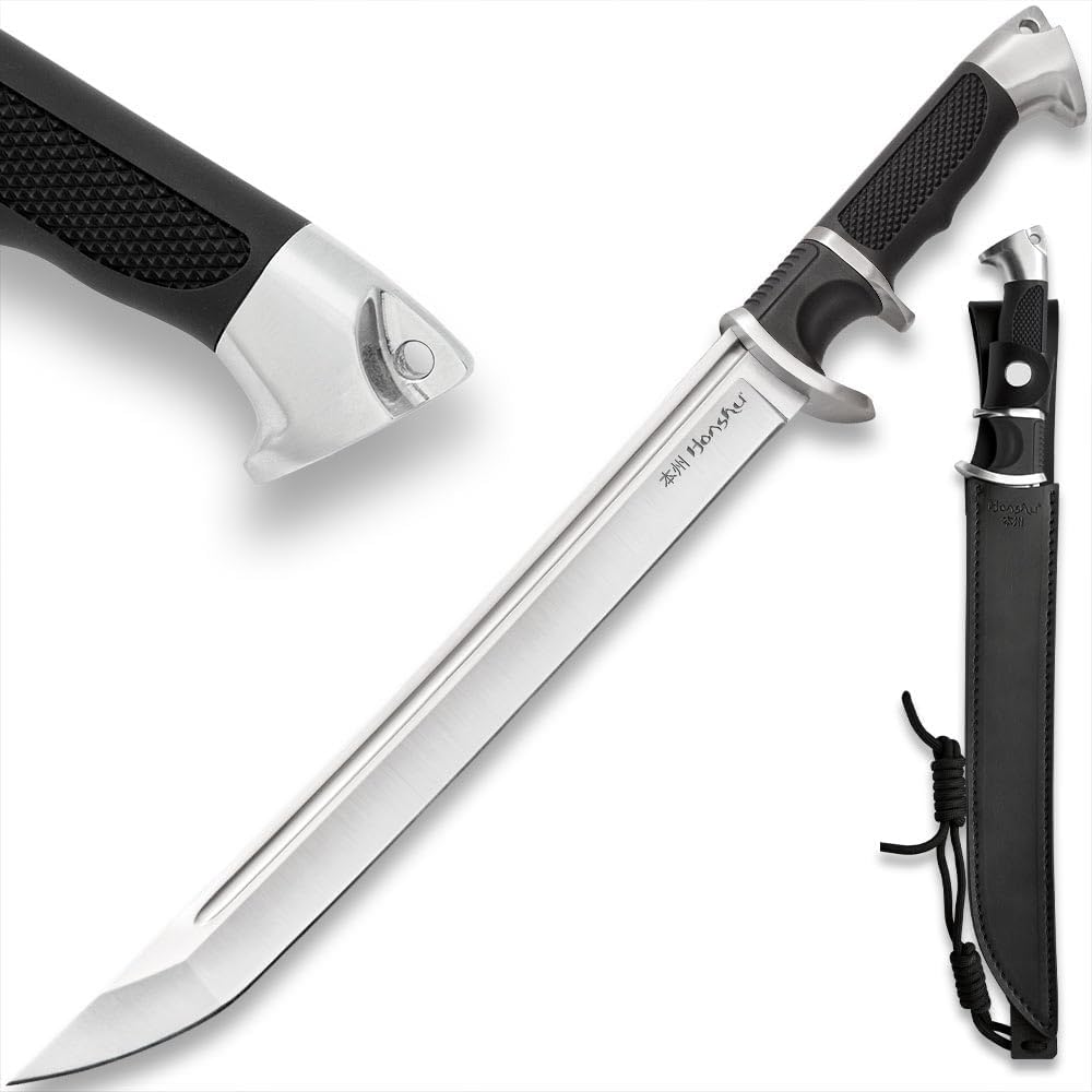 Honshu Sub-Hilt Tanto Knife | Modern Tactical Interpretation of Japanese Blade | 7CR13 Stainless Steel Blade | Premium Leather Sheath Included | TPR Handle | 17 1/4" Overall Length