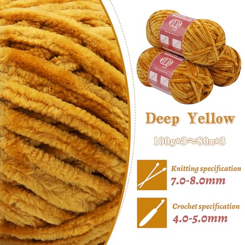 Image of LUNARM Chenille Yarn 3 Pack 3.5oz Chunky Blanket Velvet Yarn 263 Yard | Deep Yellow Chunky Chenille Yarn for Beginners Crocheting Hand Knitting Scarves with Big Eye Needles Machine Washable