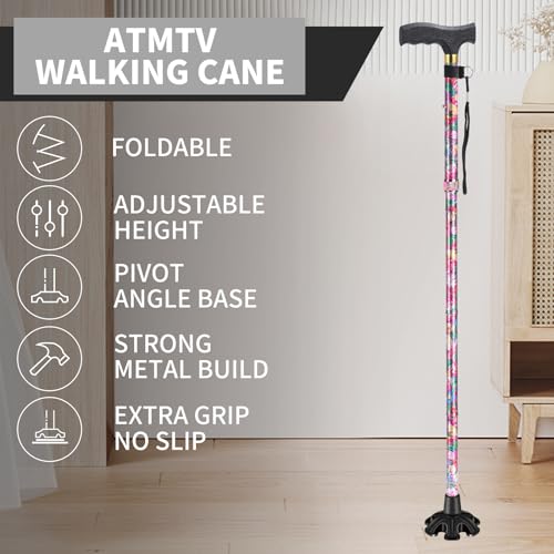Walking Cane ATMTV Cane for Woman | Mobility & Daily Living Aids | 5-Level Height Adjustable Walking Stick | Comfortable Plastic T-Handle Portable Folding Cane with Replace Tip Green Sakura Pink - Thumbnail 3
