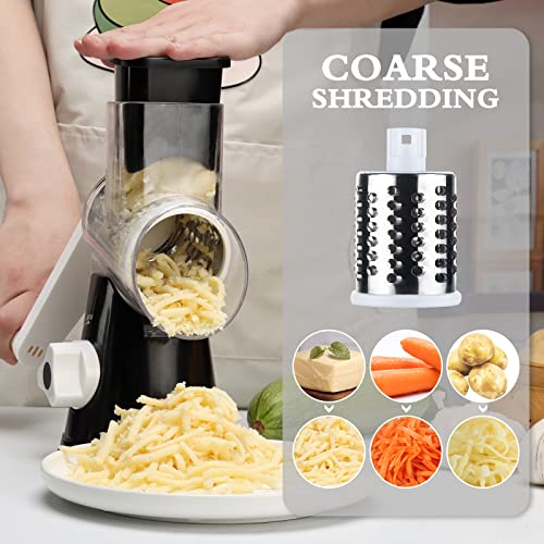 Ancevsk Rotary Cheese Grater With Handle, Manual Speed Round Cheese Shredder With Strong Suction Base, Easy To Use Potato Hashbrown Shredder With 3 Replaceable Stainless Steel Drum Blades (Black) #TOP1