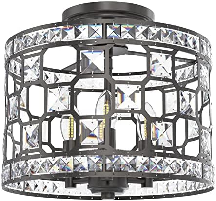 Groplanner Semi Flush Mount Ceiling Light Fixture, Modern Light with Crystal Decor, Easy Installation Farmhouse Lighting for Bedroom, Dinning Room and Hallway