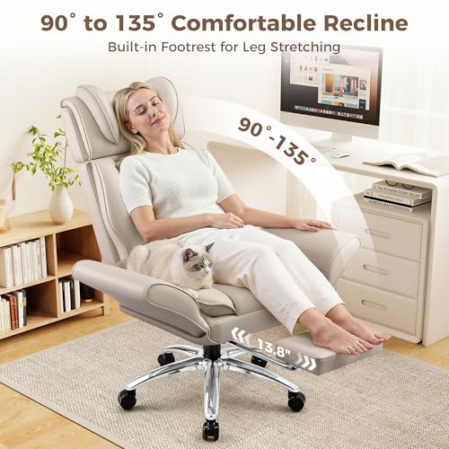 Image of Big and Tall Office Chair, Flip Armrests for Pets & Cross Legged Sitting, Ergonomic Leather Executive Desk Chair with Foot Rest, High-Back Reclining Computer Chairs for Home Office Gaming, Beige