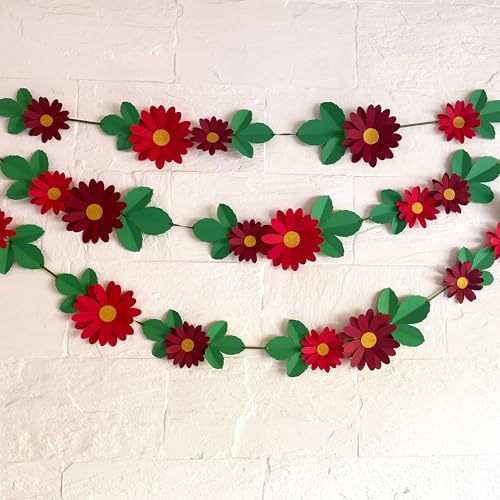 Image of Flower Bunting for Wall Decoration (Red Daisy with Leaves)