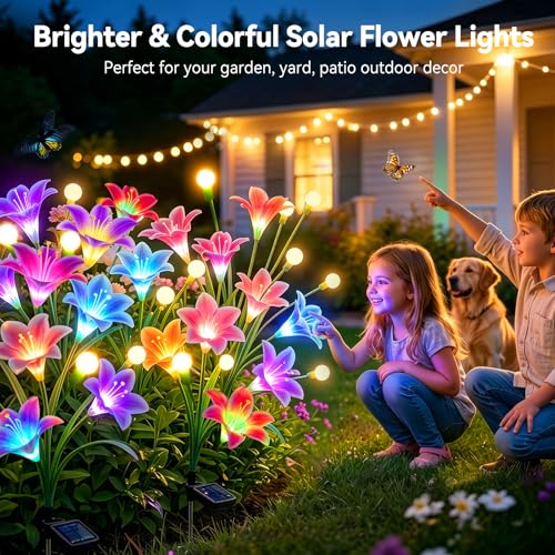 BUCASA Lampy solarne Firefly do ogrodu na zewnątrz, 4 szt. 36 diod LED, jasne lampy solarne do użytku na zewnątrz z ciepłymi, białymi świetlikami i wielokolorowymi kwiatami lilii, ulepszone, kołyszące