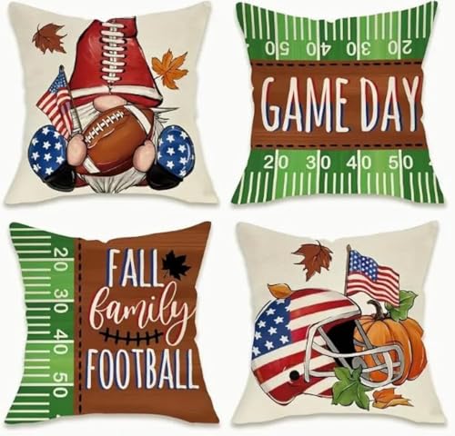 Fall Family Football Throw Pillow Covers,Game Day Scoreboard, American Flag Decorative Autumn Gnome Helmet Porch Patio Outdoor Pillowcase, Rugby America Flag Sofa Couch Cushion Case Home Decor