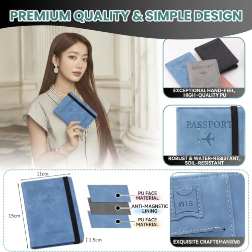 Image of PU Leather Passport Holder Travel Wallet Organiser for Men & Women | 4 Card Slots 2 SIM Slots Money Case | Travel Document Case Cover Passport Pouch Slim Unisex Gift - (Pack of 2) SkyBlue