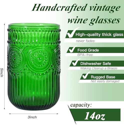 Christmas Green Vintage Wine Drinking Glasses Set of 6, 14 oz hobnail drinking glasses Glassware Embossed Green Water Tumbler for Beer, Juice, Cocktail, Whiskey, Milk - Thumbnail 4