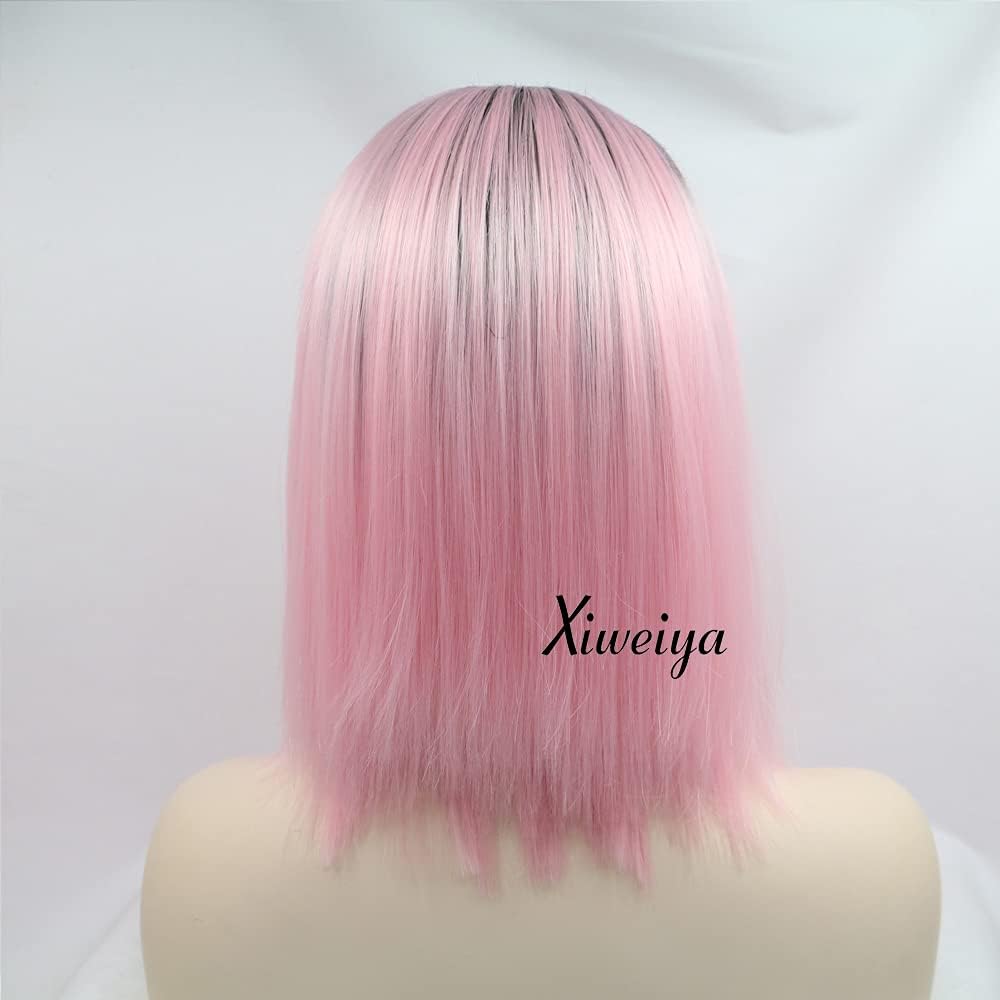 Xiweiya Silky Straight Pink Bob 13x3 Lace Front Wig, Synthetic Lace Front, Short Ombre, Middle Part, Two Tone - Image 5