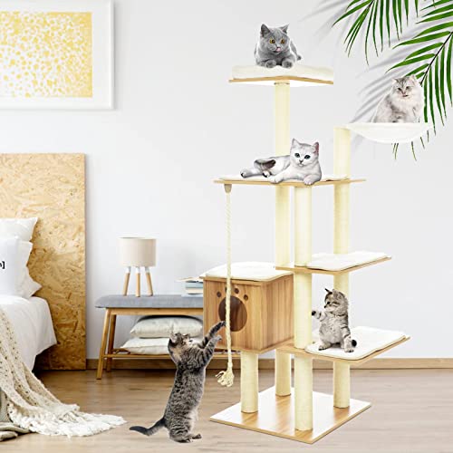 Athlike 69-Inch Large Cat Tree Tower For Indoor Cats, Modern Wood Multi-Level Cat Climbing Stand, Tall Cat Condo Furniture, Cat Activities House W/Sisal Scratching Post, Washable Mats, Perch, Hammock #TOP5