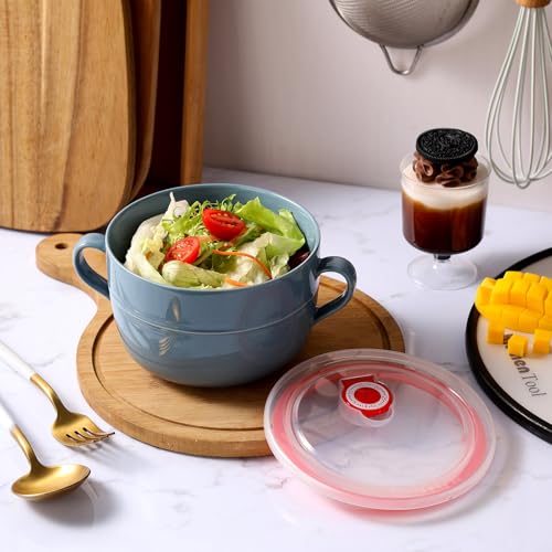 VanEnjoy 32 oz Ceramic Microwavable Soup Bowl with Lid - Large Round Soup Mug with Handle and Vented Lid for Ramen, Salad, Cereal - Dark Blue by VanEnjoy - Image 3