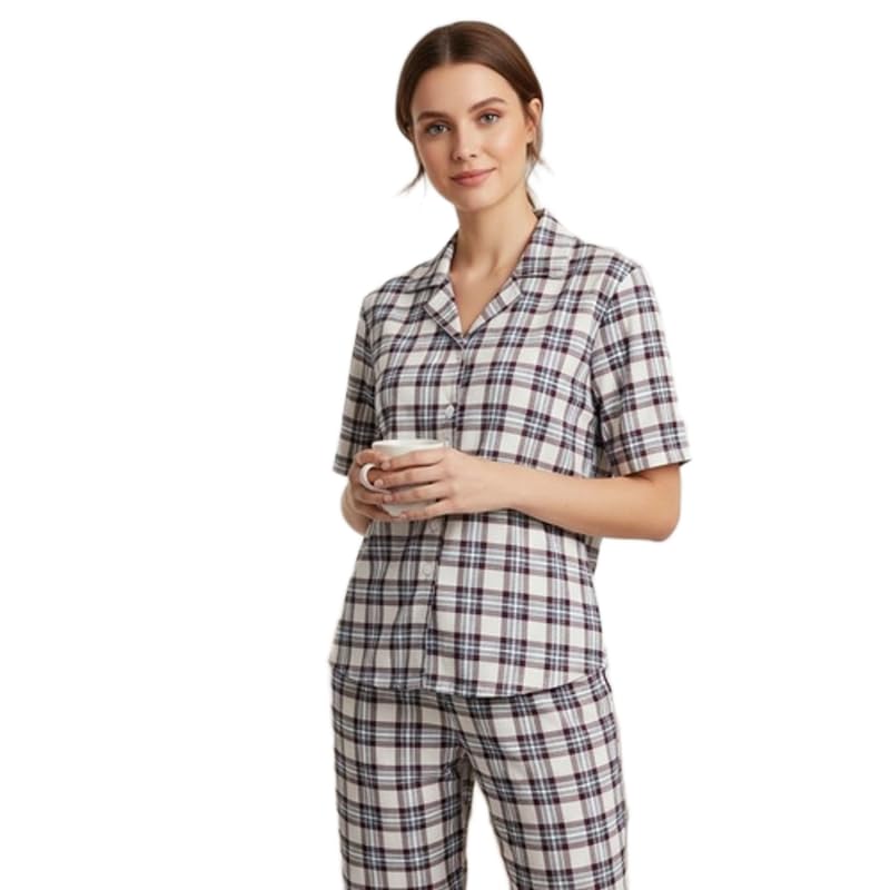 manchita fashion Womens Hosiery Printed Night Suit Set Grey Checkered Sleepwear For Women Short Sleeve Buttondown Top Pajama Soft Comfortable Lounge Wear-picture-44