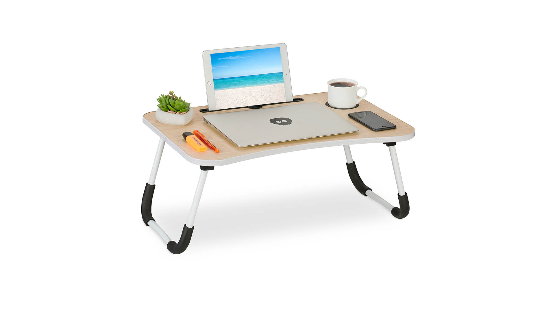 Tavolino Pieghevole In Bamb&ugrave; Per Laptop - Regolabile Con Vano Carica E Portabibite