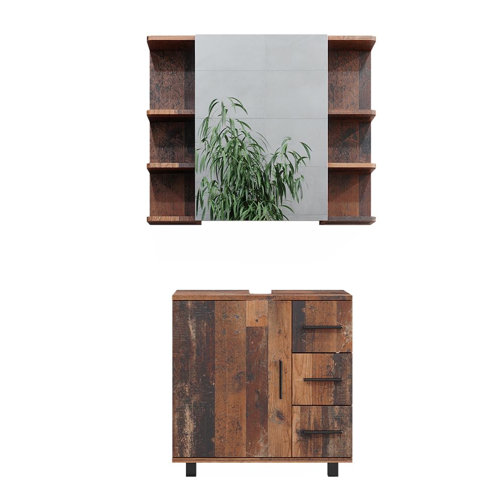 Vicco Set di mobili da bagno Ilias, Rovere rustico, 60 cm, composto da specchio da bagno e mobile sottolavabo