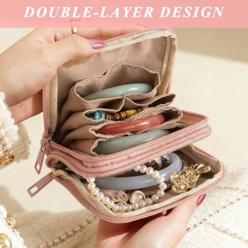 Image of MAYCREATE Travel Jewellery Organiser Pouch Small Bracelets Jwell Jewelry Organizer Pouch PU Jewellery Pouches with Zipper, Soft Velvet Compartments for Rings Earrings Necklaces (5x5inch, Pink)