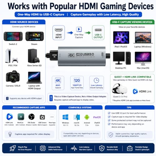 Image of Guermok 4K USB 3.0 Video Capture Card for Streaming with PD 100W, 4K@60FPS