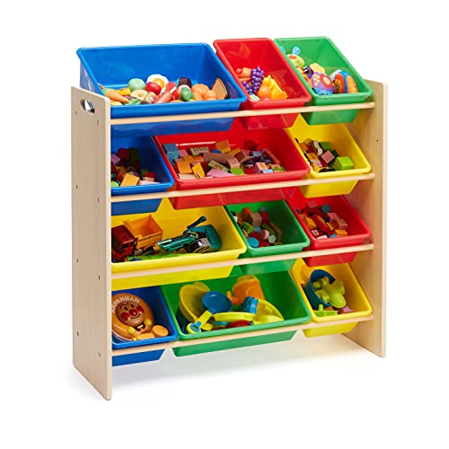 Image of Amazon Basics Kids Toy Storage Organizer With 12 Plastic Bins, Natural Wood, Multicolor, for Bedroom and Playroom, 33.85 inchD x 12.79 inchW x 35.42 inchH