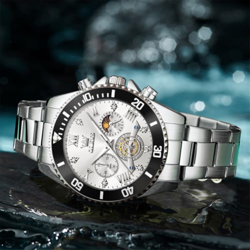 Image of OLEVS Mens Watches Chronograph Luxury Dress Moon Phase Two Tone Stainless Steel Waterproof Luminous Business Calendar Wrist Watch