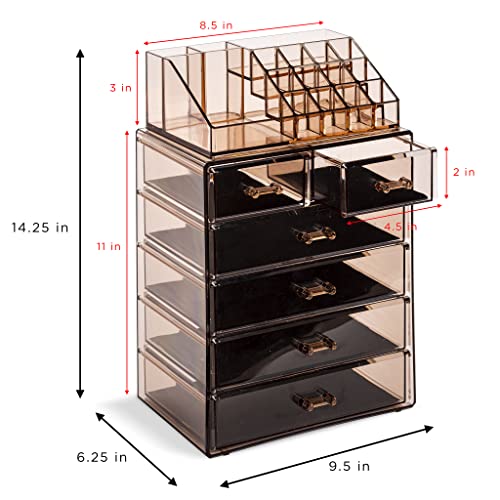 Image of Sorbus Acrylic Makeup Organizer Set, 6-Drawer Vanity & Countertop Cosmetic Storage with Small & Wide Compartments, Bronze Glow Makeup Storage for Brushes, Jewelry - Holiday Gift for Women & Teens