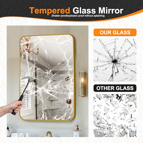 Image of Delma Bathroom Vanity Mirror, Gold Framed Mirror for Over Sink, 36x24 | HD glass, distortion-free for makeup and grooming, Sturdy frame, all mounting hardware, hangs horizontal or vertical