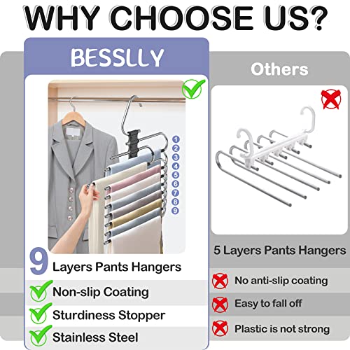 Upgrade 9 Layers Pants Hangers Space Saving, 2 Pack Non Slip Stainless Steel Multifunctional Pants Rack Closet Pant Hanger Organizer with Hooks for Pants Jeans Trousers Dorm Room Essentials, Black by Besslly - Image 4