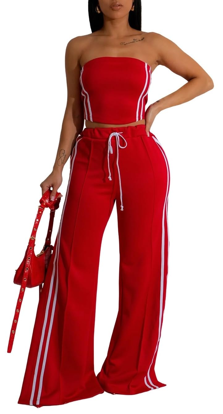 Lingt Chic Women's 2 Piece Summer Outfits Strapless Striped Crop Top & High Waist Wide Leg Pants Set Casual Outfit