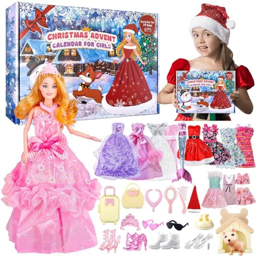 Calendario de Adviento 2025 Niña Muñeca- Niños 24 Días Navidad Cuenta Disfraz de Muñecas Vestidos Ropa y Accesorios Juguetes Navidad Muñeca Regalos Vestido Princesa DIY