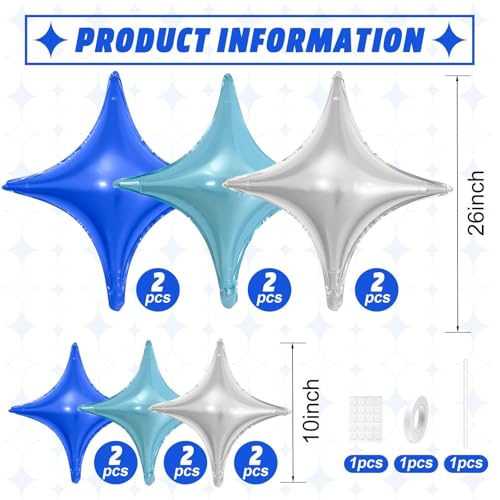 Image of Blue Silver Star Balloons,12Pcs Four Angle Star Foil Balloons | 26Inch and 10Inch Blue Silver Quadrangle Star Helium Balloon for Birthday Baby Shower Wedding Party Decorations