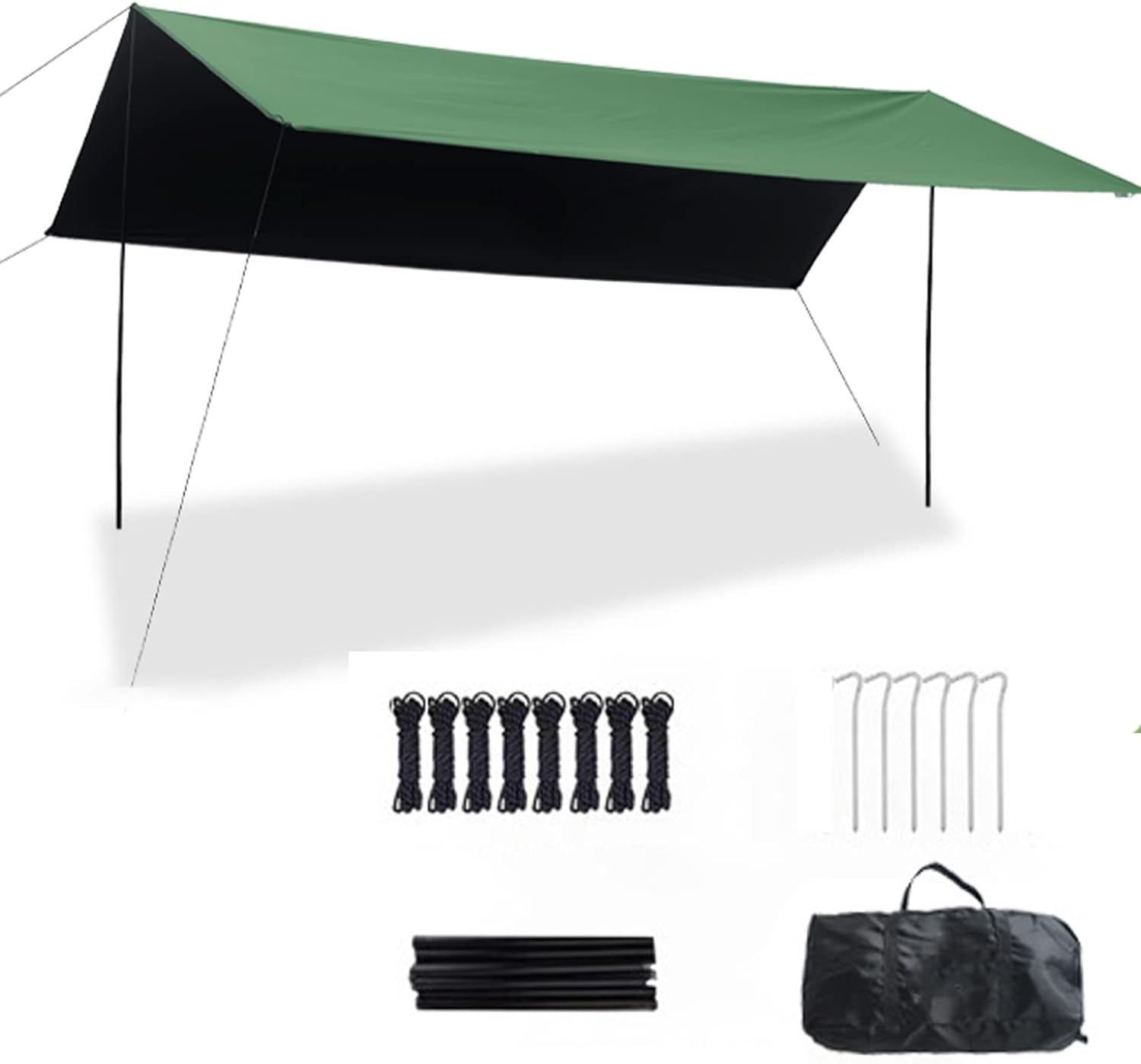 Tent Tarp with 2 Poles,Light Ripstop Waterproof Portable Tarp Multifunctional Outdoor Camping Traveling Awning Backpacking Tarp Shelter Rain Tarp PU3000mm-Anti-UV,Green (450x600cm(14.8x19.7ft)) ()