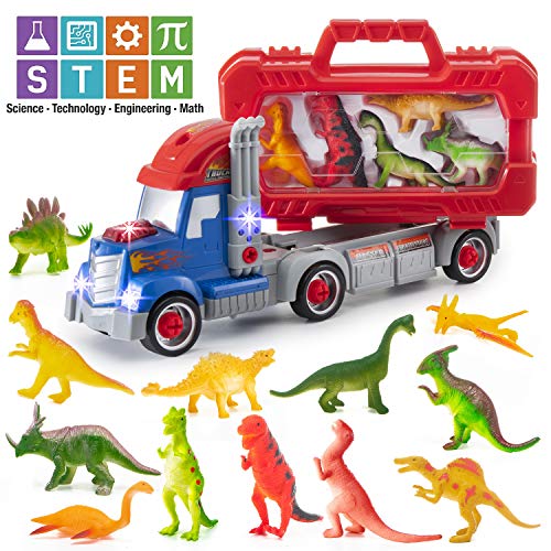 PREXTEX DIY and STEM Dinosaur Toys Carrier Toy Truck - 12 Realistic Looking Dinosaur with Take-Apart Detachable Carrying Case and Tools