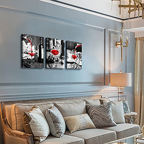 Canvas Wall Art For Kitchen Wall Decor For Dining Room Black And White Wine Glasses Painting Modern Red Wine Canvas Art Prints Ready To Wall Pictures For Restaurant Home Decorations 16"X24" 3 Pieces #TOP6