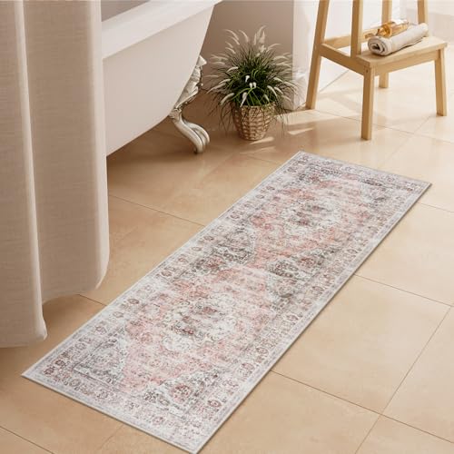 Uphome Bathroom Rugs Runner, Distressed Farmhouse Boho Blush Pink Bath Mat, Non Slip Washable Long Bath Rugs, Vintage Traditonal Soft Bathroom Runner for Bathtub Sink Shower, 18x47 inch