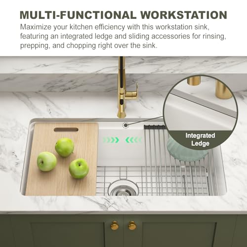 Image of Undermount Kitchen Sink Workstation 33x19 Inch - Drop in White Farm Sink, Single Bowl Deep Fireclay Sink with 4 Accessories, for Kitchen, Island
