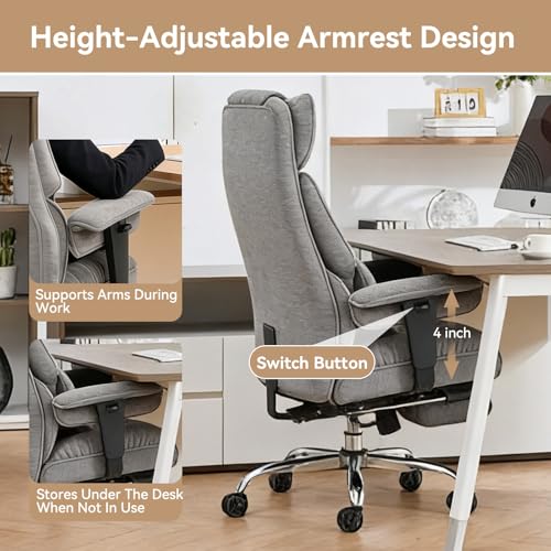 Efomao Big and Tall Office Chair, Ergonomic Executive Chair with Footrest, Fabric Computer Desk Chair with Lumbar Support, Grey Gaming Chair