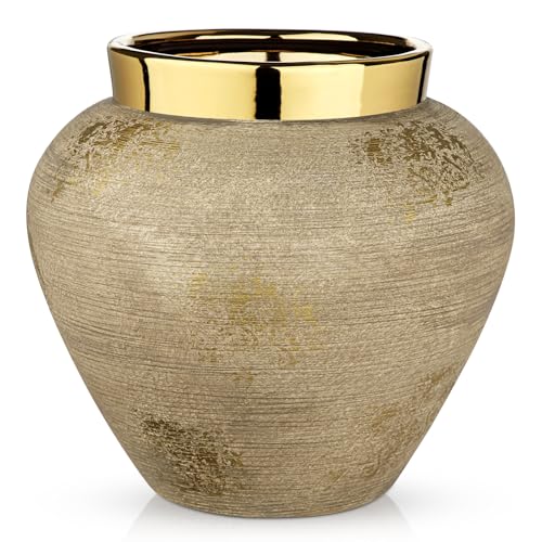 Rustic Ceramic Vase with Gold Rim – 9" Decorative Flower