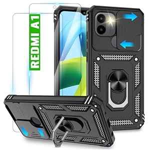 for Redmi A2/Redmi A1 Phone Case with 2 HD Screen Protector & Slide Camera Cover, 360° Rotation Ring Kickstand [Military Grade] Case for Xiaomi Redmi A2/Redmi A1, Black