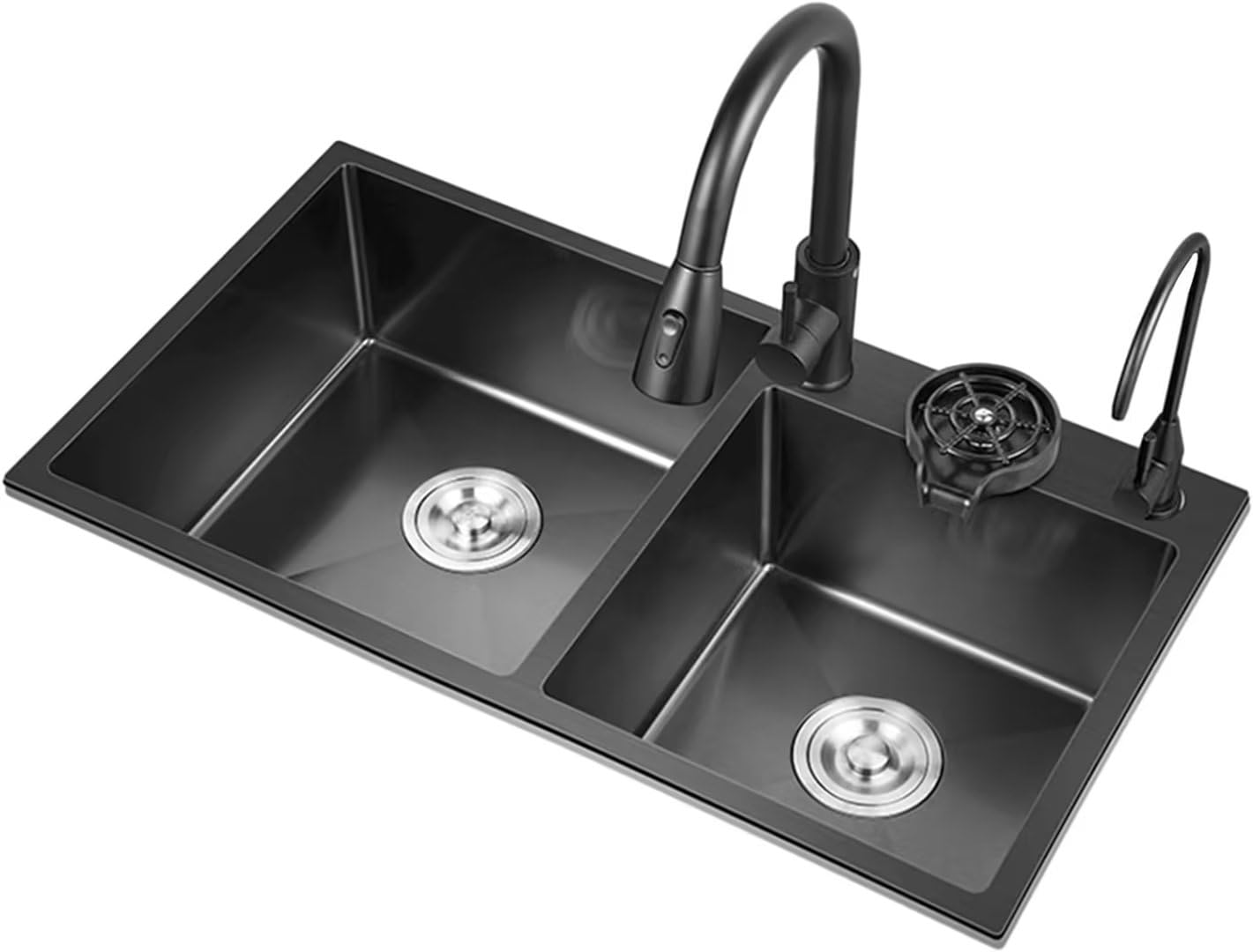 Aioneer Kitchen Sink, Black Double Sink 3-Hole Bar Sink With Cup Washer And Water Purification Faucet For Bathroom, Kitchen, Bar, Bar Kitchen Sink-72-40cm Black