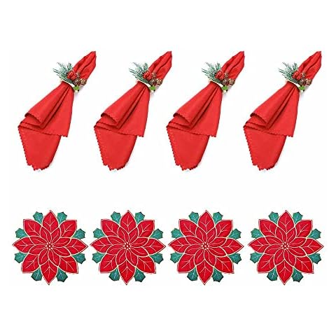 Christmas Placemats Set of 4 with Napkins Cloth and Rings Cover