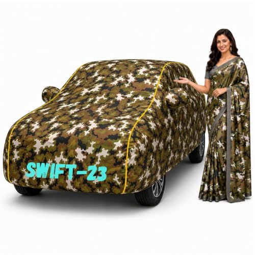 Image of Waterproof Car Body Cover for Swift 2018-23 All Weather Protection Comes with Inner Cotton Lining & Triple Stitched with Mirror & Antenna Pocket Belt & Elastic Fit Army with Yellow Piping