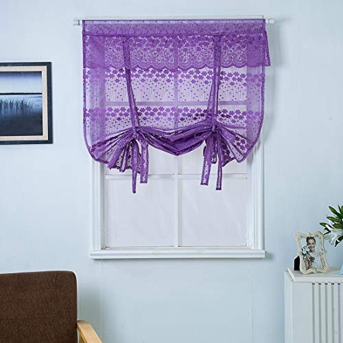 Jaijy Floral French Country Chic Sheer Voile Kitchen Curtain Tie Up Adjustable Balloon Window Treatmet Roman Shades With Vanlance Design Cafe Drapes , 45" X 63", Purple #TOP1