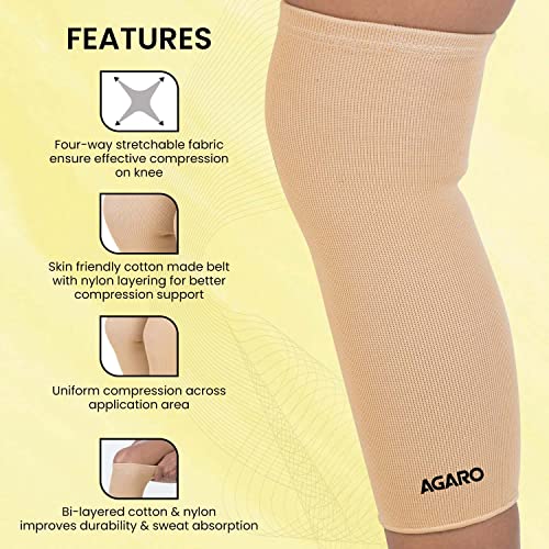 Image of AGARO Stretchable Knee Support, Breathable Fabric, Uniform Compression, Relieves Muscle Pain, Joint Pain, Injury Recovery, For Workout, Running, For Men & Women, Knee Cap, Small, Biege, Pack of 2