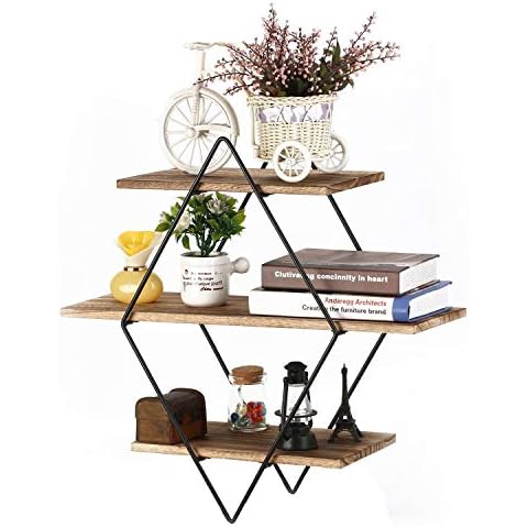 Homode Floating Shelves, Rustic Wood Geometric Wall Shelf, 3 Tier Diamond Metal Storage Shelves for Bedroom, Bathroom, Living Room, Kitchen, Office, Black and Brown Cover