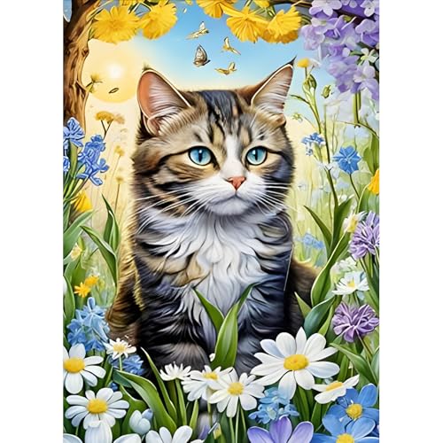 DPHERO Cute Kitten Diamond Painting Kits for Beginners Adults,5D DIY Cat Diamond Art Kits,Round Full Drill Colorful Flowers Gem Art Crafts Kits,DIY Painting by Numbers for Home Wall Decor 12x16 inch
