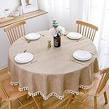 SPRICA Round Tablecloth, Cotton Linen Tassel Table Cover for Kitchen Dinner Table, Decorative Solid