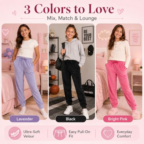 Image of BTween Girls 3 Pack Velour Jogger Pant Set Solid, Tie Dye or Camo Sweatpants for Girls