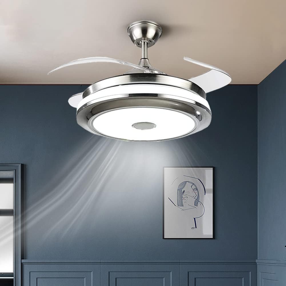 MORE CHANGE 36" Retractable Ceiling Fans with Lights and Music Speaker,Modern Bluetooth LED Chandelier Fans for Dining Room wih Remote Control 3 Speeds 3 Color Changes Lighting Fixtures for Living
