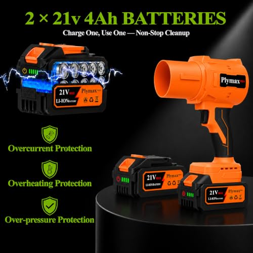 Image of Cordless Leaf Blower, 800,000 RPM Electric Handheld Blower, Leaf Blower Cordless with 2x4.0Ah Batteries & Charger,Snow Blowers with 2-Nozzles for Patio,Lawn Care,Dust,Snow & Car Drying, Orange