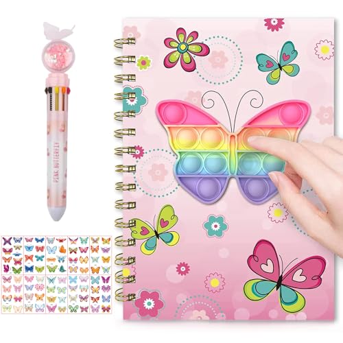 Secret Diary Butterfly Notebook Girls Diary Kids Notebook Silicone Bubble Spiral Journals A5 Cartoon Journal with Pen and Tattoo Stickers Fidget Bubble Journals for Kids Adults Stationery Gifts