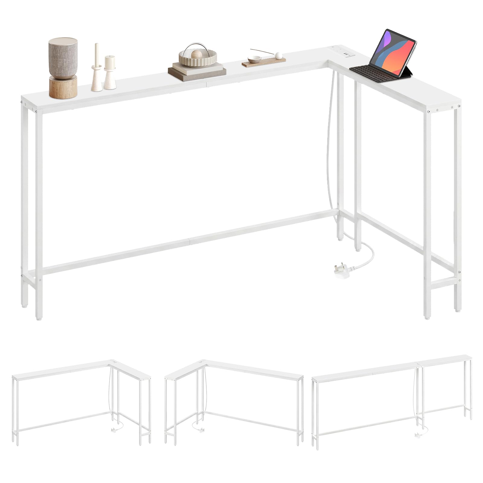 YATINEY Slim Console Table, 200 cm Narrow Sofa Table with Power Outlets, Behind Entryway Table, 3 Assembly Options, for Entryway, White XCT17KWW
