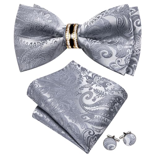 Image of YOHOWA Mens Bow Tie Set Paisley Pre-tied Bowties Adjustable with Handkerchief Cufflinks Gold Ring Set Wedding Prom Party
